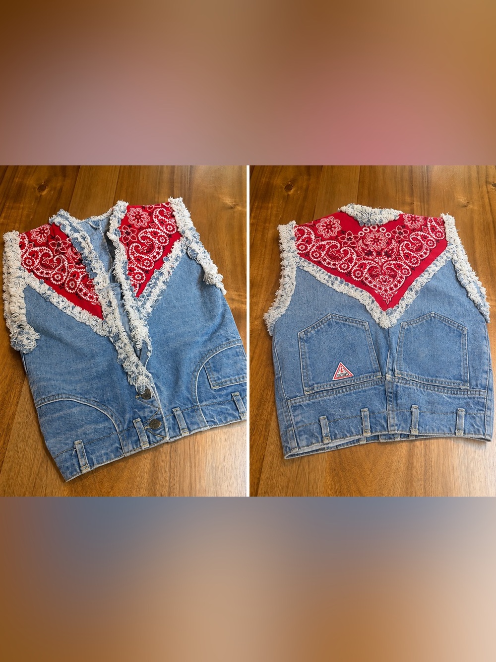 Vintage Reworked GUESS Jeans Denim Vest Handmade Upcycled Bandana Cowboy Boho S